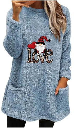 Felpa Donna in Pile con Senza Cappucci Maglia Natalizio Donna Felpa con Pile Curvy Manica Lunga Maglione Natale da Famiglia Taglie Forti Curvy Abito Lunga Sweatshirt con Tasche Felpa Lunga Donna