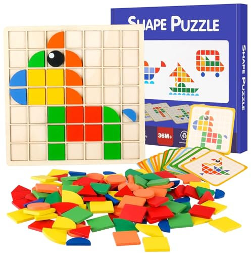 150pcs Kreative Mosaik-Puzzle, Montessori Spielzeug ab 3 4 5 6 Jahre, Hölzerne Muster Blöcke Set, Tangram Kinder, Montessori Puzzle, Geometrische Formen Holzpuzzles, Lernspielzeug Geschenk für Kinder