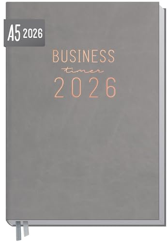 Häfft® Business-Timer 2026 A5 1 Woche 2 Seiten Grau-Rosé | Buchkalender mit Kunstleder-Einband, Terminplaner im Halb-Stunden-Takt