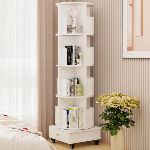 CHOWGOLI Drehbares Bücherregal, Standregal 360° Frei Drehbares, Bücherschrank Wohnzimmer Schlafzimmer, 4 Schicht Bücher Regal, mit Stoff-Schublade und Rollen, Bücherregal Weiß, 40x40x147cm