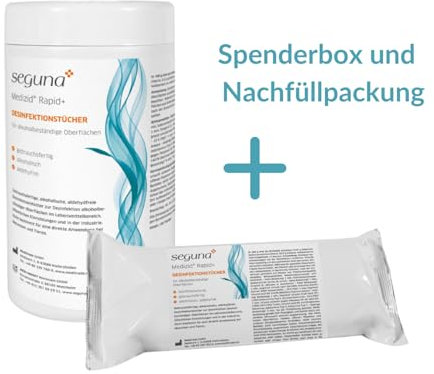 SEGUNA Desinfektionstücher-Set, 1 Dose + 1 Nachfüllbeutel mit je 150 gebrauchsfertigen Tüchern, Flächendesinfektionstücher