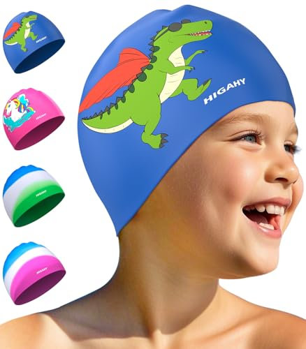 Cuffia Piscina Bambini - Cuffia Silicone Bambina e Bambino 3-15 anni, Cuffia da Piscine con Impermeabile​ e Resistente UV, Adatto per Nuoto e Immersioni (Blu - Dinossauro, S)
