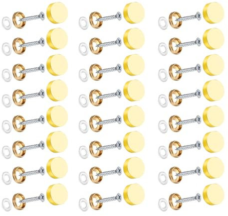 Wopanxye 24 Sets Stainless Steel Mirror Screws, 10mm Metal Mirror Nails with Decorative Caps, Brass Covers Hardware w/Washer for Furniture Fittings, Bath Plates, Coffee Tables, Wardrobes, Glass Signs