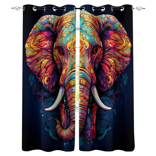 Blickdichte Gardinen Elefant Verdunkelungsvorhang Gekritzel, Geometrisch, Elefant Vorhang mit Ösen für Schlafzimmer Geräuschreduzierung, Isolierung, Küchen Scheibengardinen 2er Set - H245 x B140cm