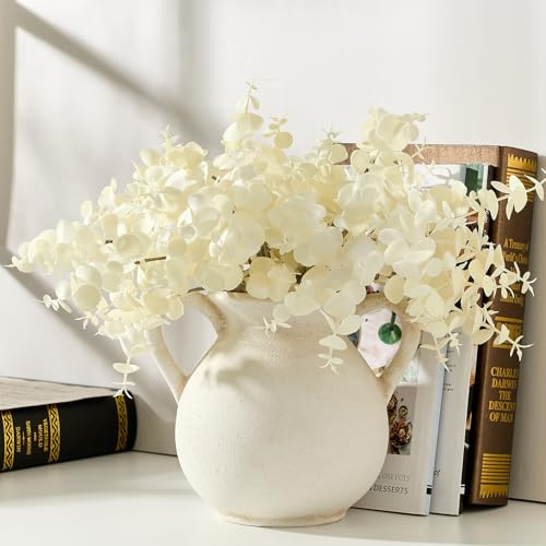 LUKA Antike Keramikvase mit 2 Griffen, rustikale Vase, minimalistische Dekoration, dekorative Vasen für Heimdekoration, Tisch, Wohnzimmer, Regal, Weihnachtsdekoration (klein, weiß)