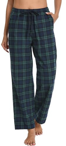 Nutria Pantalon de pyjama en flanelle pour femme à carreaux en coton doux brossé Bas PJ Chaud Lounge Sommeil Hiver Vêtements de nuit avec poches D06B, Vert et bleu marine à carreaux, M