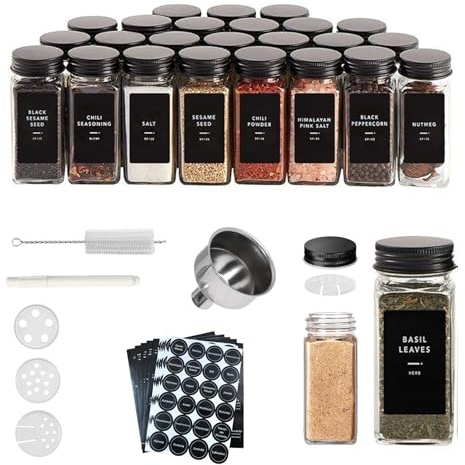 Quorlis Lot de 24 pots à épices carrés en verre 120ml, avec couvercles shaker, 240 étiquettes, entonnoir inox et stylo, rangement hermétique pour cuisine et organisée
