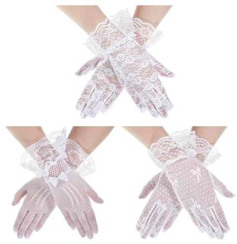 Tweruna 3 Pairs White Lace Gloves, Elegant Short Tea Party Gloves for Women | Women Lace Gloves for Tea Party, Vintage Mesh Tea Glove for Wedding Bridal Hoiday Party