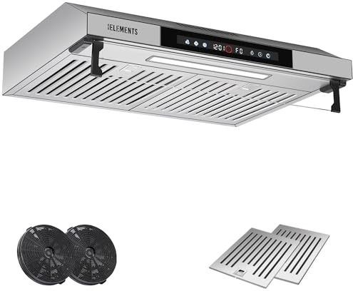 KB ELEMENTS Dunstabzugshaube 60cm, Umluft/Abluft Dunstabzugshaube mit 650m³/h starke Saugleistung, Doppelter Motor, Touch-Gestensteuerung, Multifunktionales Touch Display (Silber 60 cm)