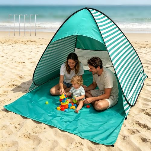 KBIBCK Strandmuschel Pop Up für 2-3 Personen, Strandmuschel Baby UV Schutz 50, Sonnenschutz Strand mit Mini Pool, Baby Strand Zelt mit Tragetasche und Erdnägel für Kleinkinder Picknick Garten
