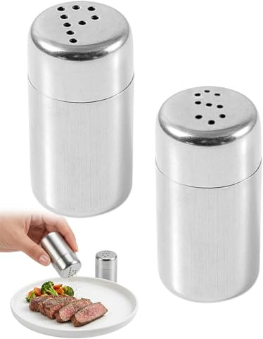 KAKFEL 2 piezas mini saleros para viajes, acero inoxidable, pequeño con tapa, botellas de especias de viaje, pimentero, de cocina, de mesa, para restaurantes, camping y barbacoa al aire libre (5 ml)
