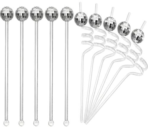 10 PCS Disco Ball Cocktail Stirrers and Straws, Professional Drink Stirring Sticks Set, Dual Design Spiral and Straight Stirrers for Home Bars and Parties, 26.5cm and 19.5cm Length Options