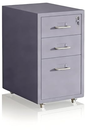 Relaxdays Rollcontainer, 3 Schubladen, HxBxT: 45,5 x 28 x 41 cm, abschließbar, Aktenschrank auf Rollen, Metall, grau