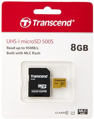 Transcend Carte mémoire microSDHC 500S 8GB UHS-I, C10, U3, V30, 4K, Full HD, jusqu'à 95/80 MB/s, conçue pour caméras d'action et drones - TS8GUSD500S