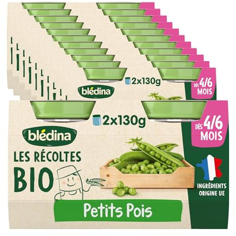 Blédina - Les Récoltes Bio - 24 petits pots pour bébé - Petits Pois dès 4/6 mois (Pack de 12x2 pots)