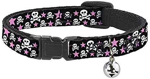 Katzenhalsband Breakaway Totenköpfe Sterne Schwarz Weiß Pink 20,3 bis 30,5 cm 1,3 cm breit