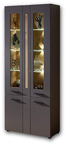 Stella Trading LOFT-TWO Große Vitrine in Artisan-Eiche Optik, graphit - Softclose Glasvitrine inkl. LED-Beleuchtung - 80 x 201 x 37 cm (B/H/T)