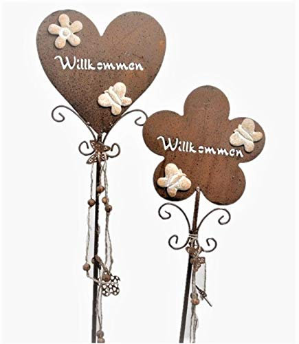 Metall Stecker. WILLKOMMEN. Herz und Blume. Rost. 2 Stück. Gartenstecker. 110 cm. Art.: 31980 (2 Stück)