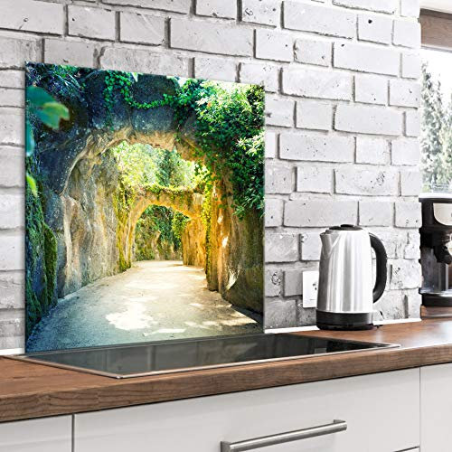 murando Glass Splashback for Kitchen Backsplash Cooker Protector Tempered Glass Decorative Wall Art Panel Heat Resistant Graphic 60x60 cm / 24x24 Nature Tunnel Green Landscape d-B-0328-aq-a