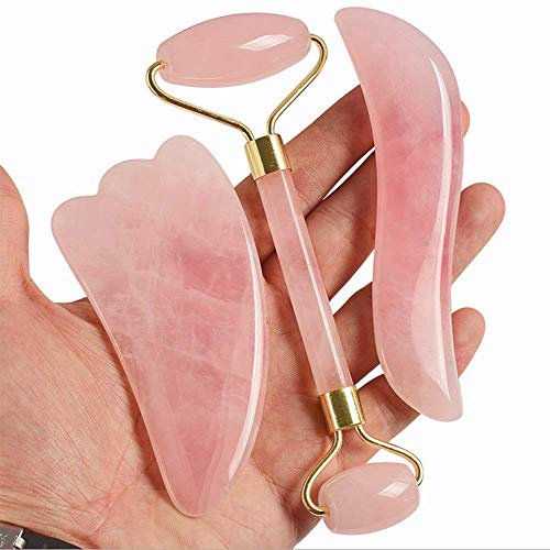 MUYEY Quarzo Rosa Massaggi Roller Guazzo Raschiatore per Facical Massaggio 100% Natural Jade Guasha Raschietto Massaggio Viso Roller