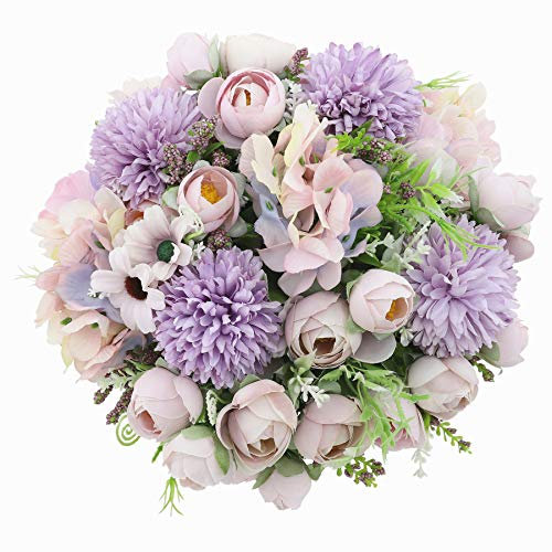 Decpro 2 Pcs Artificielle Rose Soie Hortensias Chrysanthème Oeillets Bouquets De Fleurs pour Mariage, Bureau À Domicile Décoration De Jardin, Centres De Table, Arrangements Floraux, Violet