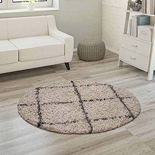 Paco Home Hochflor Teppich Wohnzimmer Schlafzimmer Shaggy Skandinavisch Rautenmuster, Grösse:Ø 200 cm Rund, Farbe:beige-anthrazit