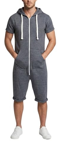 NOROZE Men's Casual Plain Full-Zip Hoodie One-Piece Jumpsuit Romper Cap-sleeve Overalls Fitness Sportswear Playsuit S-2XL