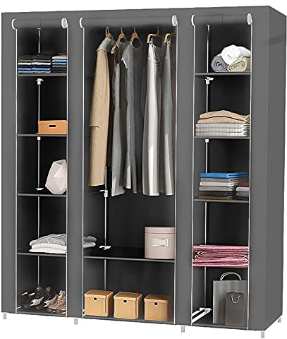 HUOLE Stoffkleiderschrank,Aufbewahrung für Kleidung Kleiderständer faltbar Ankleidezimmer Schlafzimmer Vintage Style,Faltschrank mit Kleiderstange,172 * 134 * 43cm-Grau
