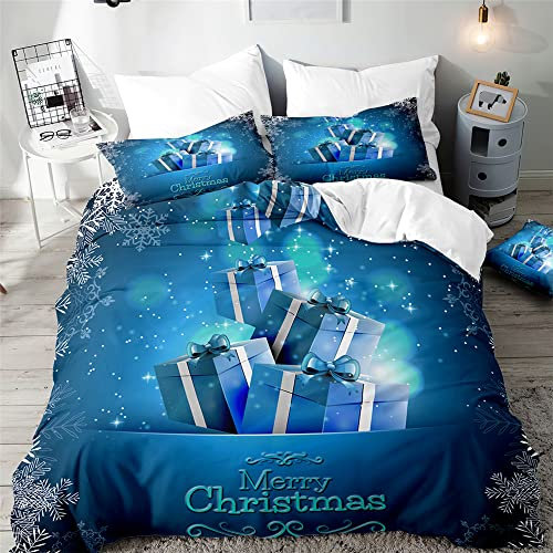 Surwin Weihnachtsbettwäsche-Set 3 Teilig, Microfaser Bettwäsche Set Einzelbett Doppelbett 3D Weihnachten Drucken Bettbezug mit Reißverschluss und 2 Kissenbezüge (200x200cm,Blaues Geschenk)