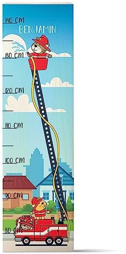 GRAVURZEILE Messlatte für Kinder aus Holz - Feuerwehr Design - mit Namen für Kinderzimmer - Skala misst 80-140 cm - Größe 20 x 70 x 2 cm - Geschenk zur Geburt für Mädchen & Jungen