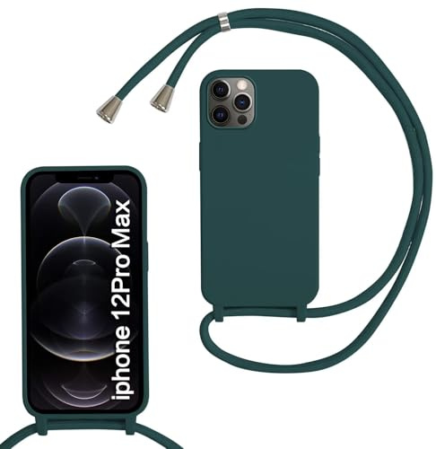 SLWYF Compatible with iPhone 12 Pro Max Crossbody Lanyard Case, Liquid Silicone Protective Phone Case with Strap Adjustable Neck Cord Necklace Soft Cover for iPhone 12 Pro Max, Dark green