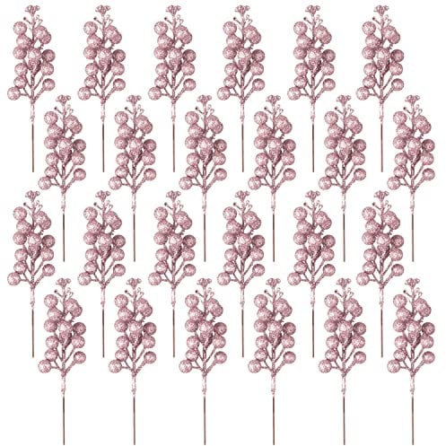 24 Piezas Bayas Rosa, Palillos Artificiales de Acebo Ramas navideñas Tallos para el árbol de Navidad Temporada de Vacaciones Decoración de Invierno