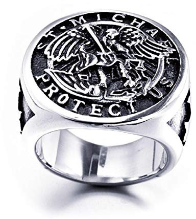 PikaLF St. Michael Ring für Männer, Vintage Kreuz Ring, Saint Michael der Erzengel besiegt Satan Figur Amulett Ring, Religiöser Ring, Punk Christian Faith Schmuck Geschenk für Männer Jungen (18.1)