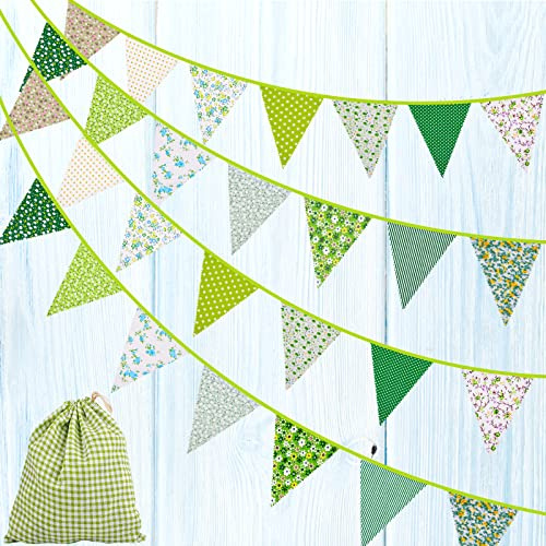 Large Fabric Bunting Banner, 39.5ft Floral Vintage Triangle Flag Garland Reusable Cotton 42pcs Floral Pennants Decoration for Garden Wedding Baby Shower Birthday Parties (Green)