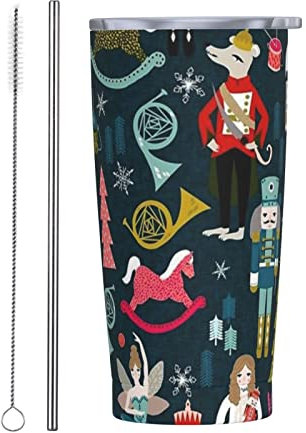 IUBBKI 20oz/550ml Stainless Steel Insulated Travel Coffee Cup, Women's Nutcracker Ballet Dance Travel Mug with Leakproof Lid, Straw and Straw Brush for Cafe, Office, Car, Sports, Home