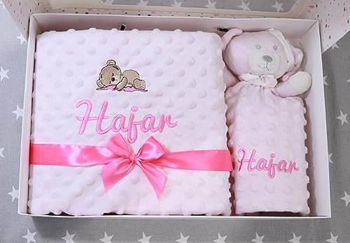 BotoBaby ★ GESCHENKSET Babydecke mit Namen und Datum Bestickt + Schmusetuch ★ Geschenk ★Geburt ★ Taufe ★ (Set 5)