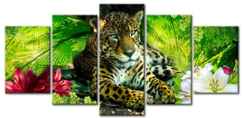 decomonkey - Tableau Acoustique Jaguar 100x50 5 Pièces - Impression sur Toile Décoration Maison Isolation Peinture Image Phonique Déco Bureau Jungle fleurs feuilles nature plantes vert animaux