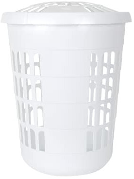 60L Ice White Large Laundry Hamper Plastic Washing Basket with Lid, Round Linen Cloths Washing Bin Laundry Bin Dirty Clothes Basket Suitable for Bedroom, Laundry Room & Bathroom (Parcel Force)