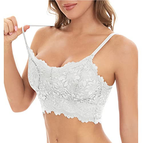 HAOLEI Women Lace Bralette Camisole Bras V Neck Padded Bralette Seamless Bandeau Sleeping Bra Tube Crop Vest Top Sexy Backless Corset with Straps and Removable Pads for Ladies Girls White