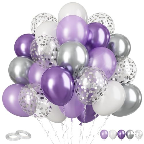Funhot Palloncini argento e viola, 60 palloncini viola chiaro, argento metallizzato, 30 cm, palloncini in lattice bianco, per ragazze, donne, compleanni, matrimoni, baby shower, decorazioni per feste