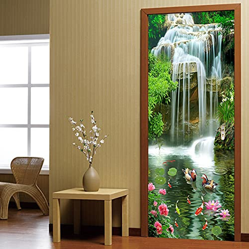 Stickers Porte 3D Trompe L'Oeil Auto-Adhésif Autocollant De Porte Mural Poster De Porte Forêt Cascade Rivière Amovible Papier Peint Salon Chambre Salle De Bain Décoration 77X200Cm