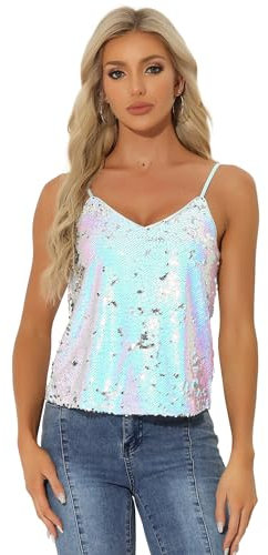 Allegra K Damen Festliches Oberteil Glitzer Top Spaghetti Party Club Camisole Pailletten Shirt Weiß Blau Silber XL