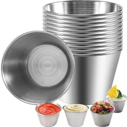 Littlecatch 12 Pack Sauce Pots Stainless Steel Small Condiment Containers, Reusable Round Sauce Cups Dips Spices Pots Liquid Dips Bowls for Ramekins Dipping and Portion Cups - 2.5Oz 70Ml