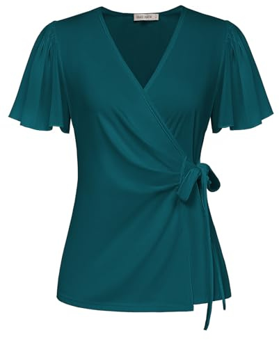 GRACE KARIN Camisa Envolvente de un Solo Color para Mujer, Ligera, Informal, de Gasa, de Manga Corta, para el Trabajo, Estilo de Negocios, Color Azul, Verde, Talla XXL