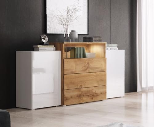 MINIO go for it - Kommode mit Schubladen Korfu III, 150 cm, Sideboard, Farbe: Weiss matt/Wotan Eiche/Weiss Hochglanz