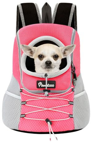 Pawaboo Haustier Rucksack Hund Tragetasche für Kleine Mittelgroße Hunde und Katzen, Atmungsaktiv und Bequem Haustier Tragbar Reisetasche mit Sicherheitsstreifen für Wandern Reisen im Freie, Pink S