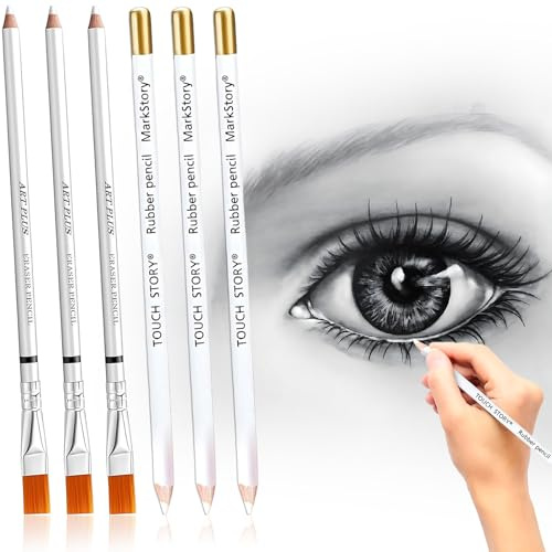 UICCVOKK 6PCS Wooden Pencil Eraser for Artists - Highlight and Sketch Drawing Pen With Rubber for Charcoal Artwork