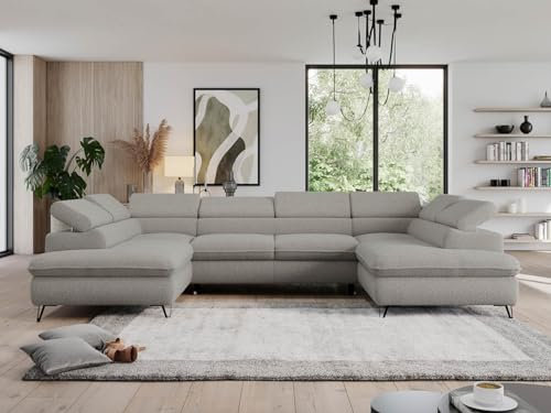MKS MEBLE Sofa U, Wohnlandschaft U-Form, Ecksofa mit Schlaffunktion und Bettkasten, Schlafsofa mit Bettkasten, Couch mit Verstellbare Kopfstützen - Pedro U - Hellgrau Boucle
