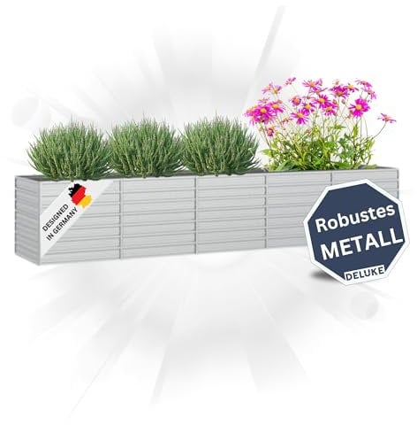 DELUKE Hochbeet für Garten Oskar Silber | 400x80x77cm | Verzinkter Stahl | Wetterfest | Gartenbeet Kräuterbeet Blumenbeet Beet hoch Frühbeet für Garten Gemüsebeet