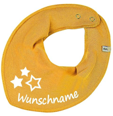 HALSTUCH mit Namen oder Text personalisiert für Baby oder Kind aus Baumwolle in Einheitsgröße 3 Sterne senfgelb